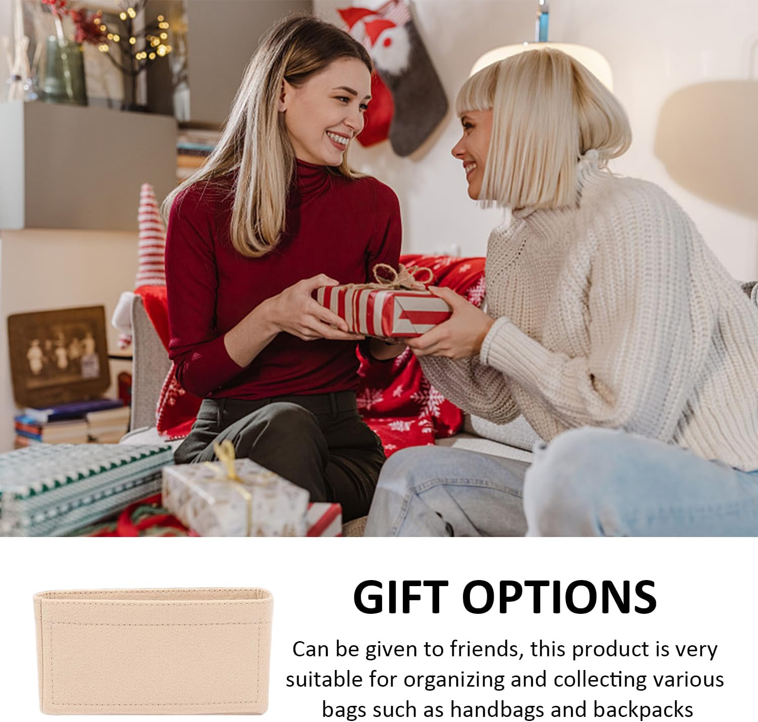 1 Felt Storage Bag, 1 Leather Card Holder, Pocket Organiser, Storage Organiser, Multifunctional Organiser, Handbag Backpack Storage Insert, Beige, Einheitsgr&ouml;&szlig;e, Modern image number 1