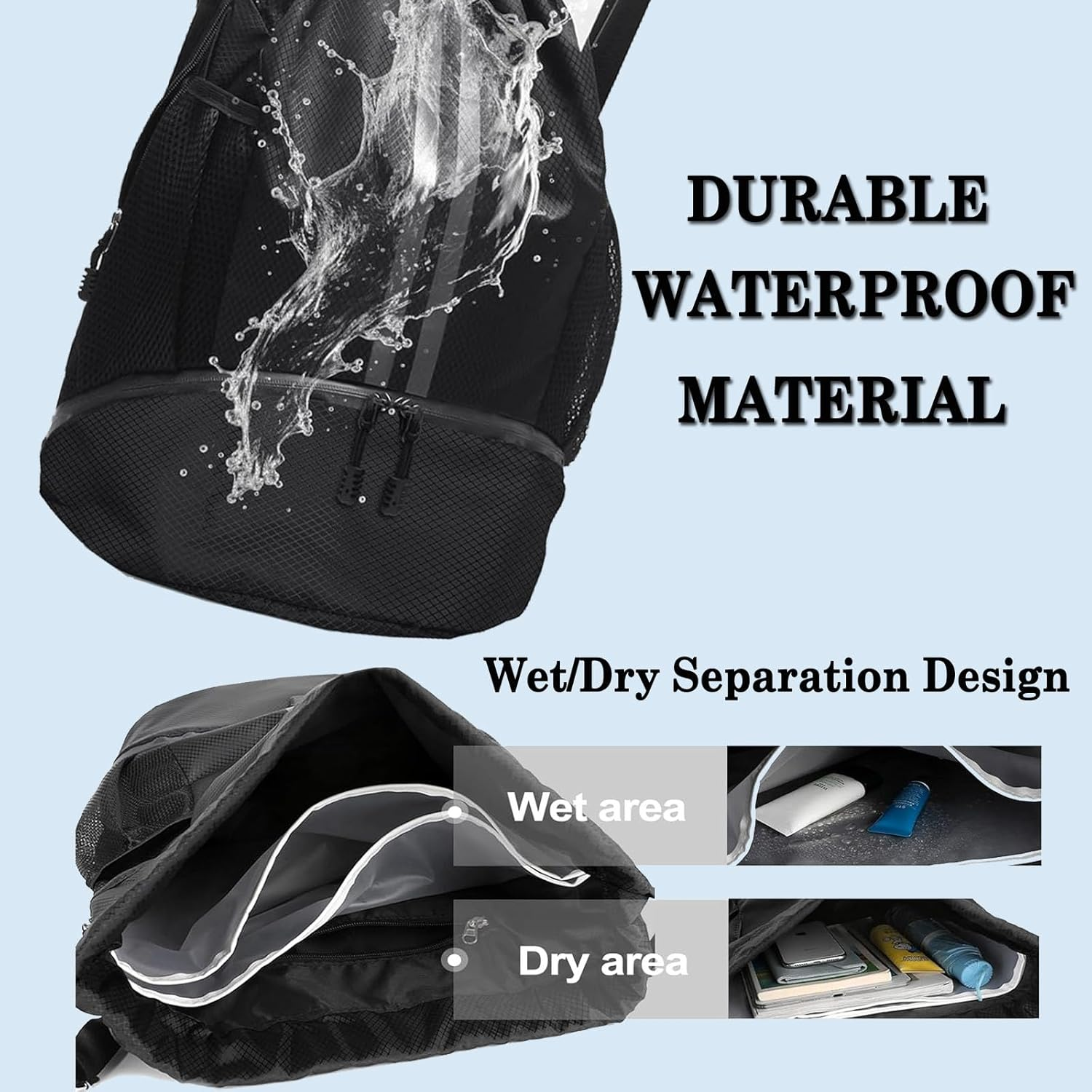 Sports Drawstring Backpack - String Swim Gym Bag for Women Men (Zipper/Shoe Compartment/Wet Pocket/Mesh/Water Resistant) Lightweight String Bag for Travel Soccer Swim, Black image number 6