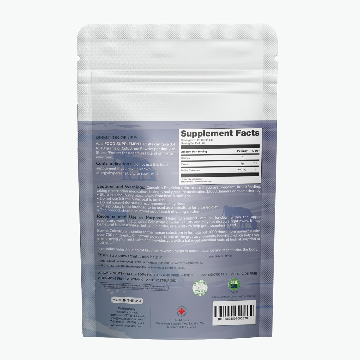 Wellness Extract Bovine Colostrum Powder Rich in Protein & Lactoferrin- the True Supplement for Immune Support, Gut Health - 60G image number 6