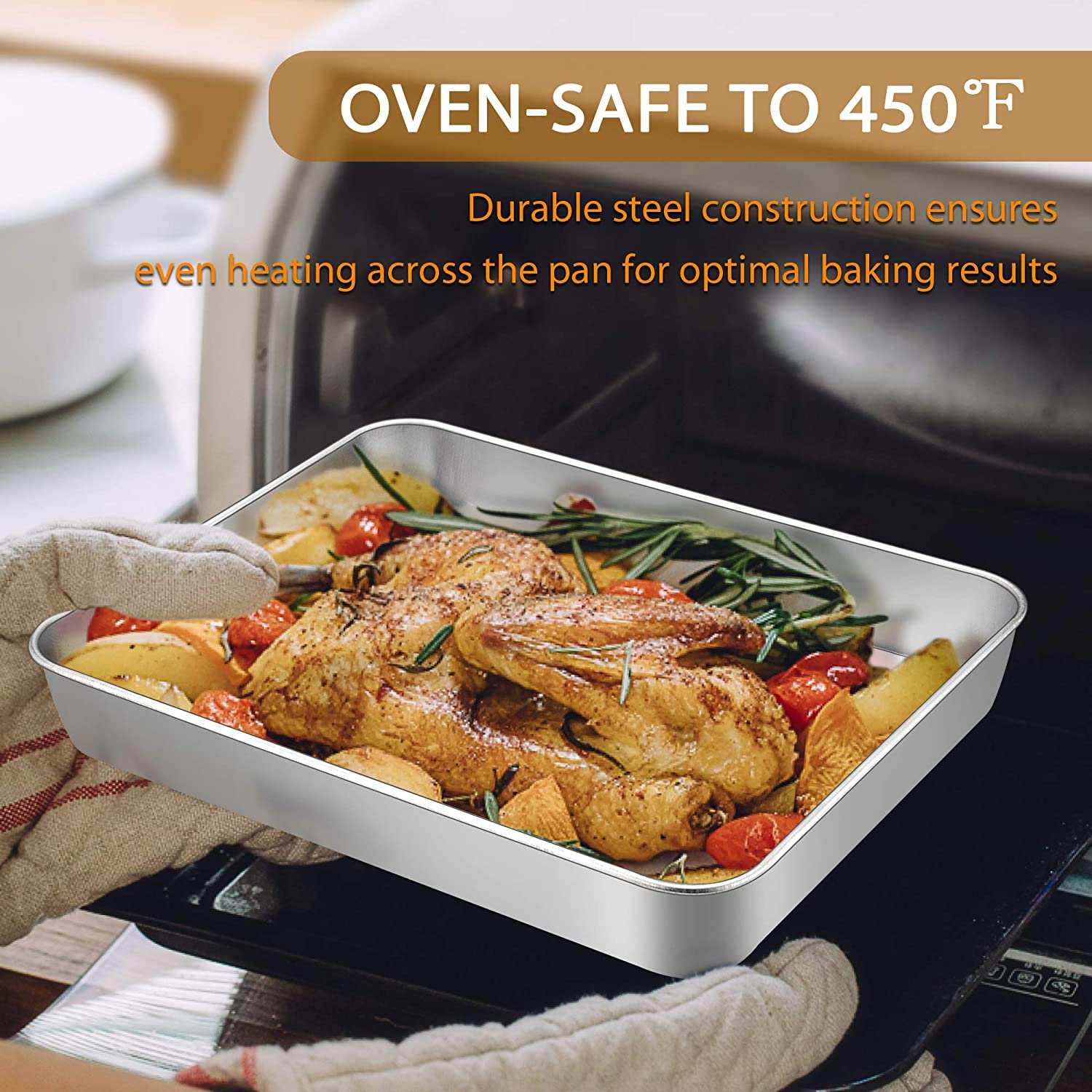 E-Far Baking Pans Set of 3, Stainless Steel Sheet Cake Pan for Oven - 12.5/10.5/9.4Inch, Rectangle Bakeware Set for Cake Lasagna Brownie Casserole Cookie, Non-Toxic & Healthy, Dishwasher Safe image number 5