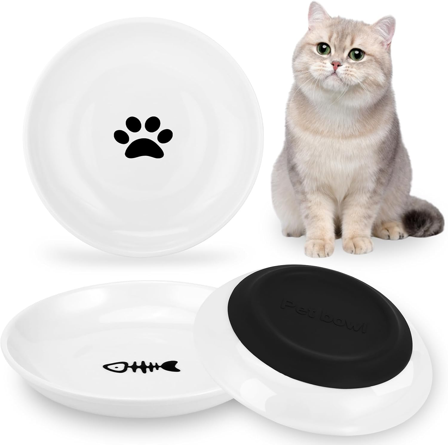 Ceramic Cat Bowl, Pack of 3 Cat Bowls, Flat with Non-Slip Silicone Base, Feeding Bowl for Cat from Whiskers Fatigue, Feeding Bowls for Cats, Kittens, Dogs image number 4