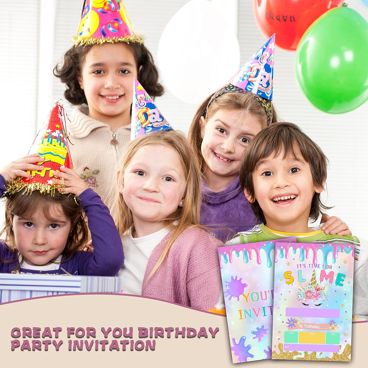 Ycyfckdr Slime Birthday Invitations for Kids, Magic Unicorn Birthday Party Invitation Cards, Gold Glitter Party Celebration Supplies Decoration -20 Fill in Invitations with Envelopes (B14) image number 1