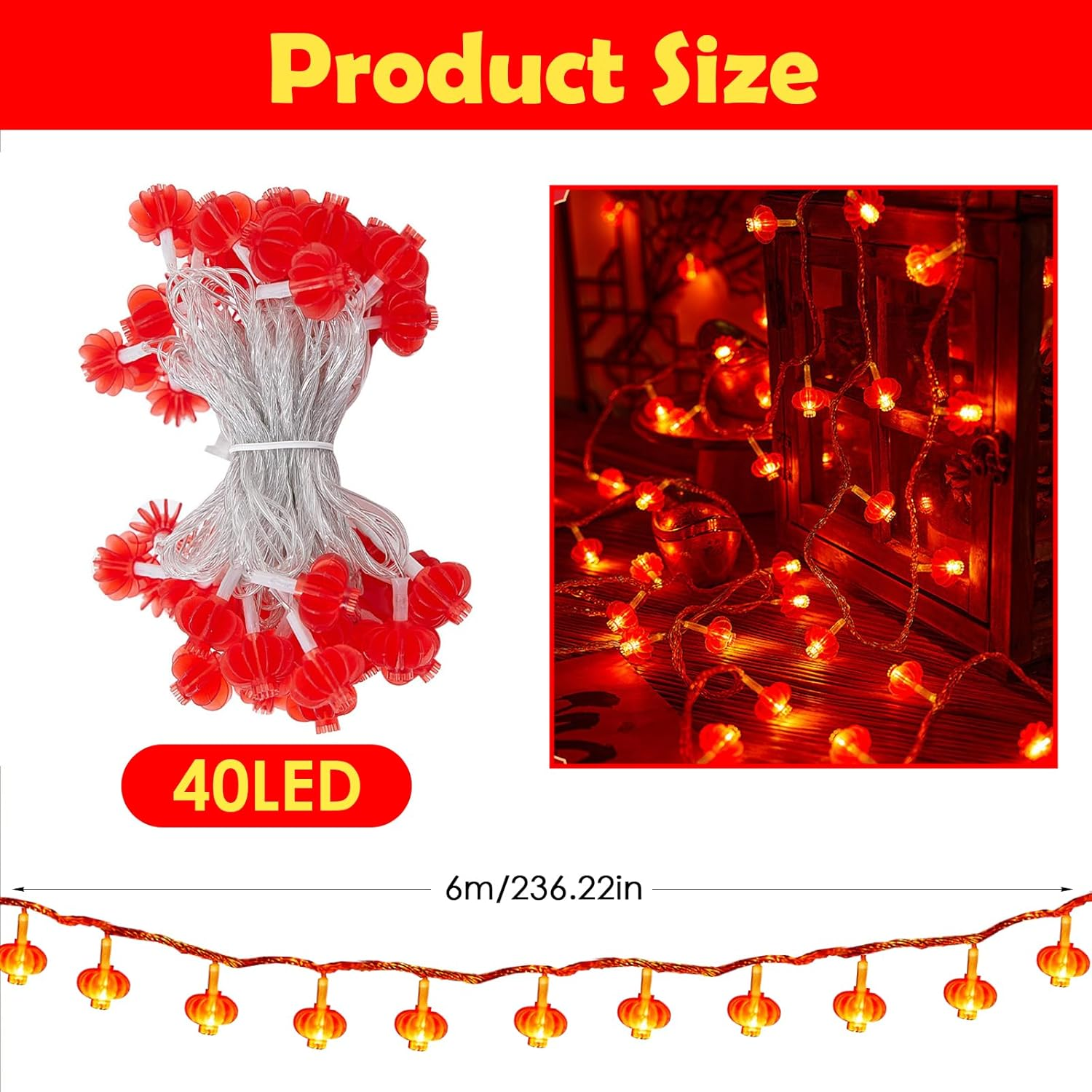 Chinese New Year Mini Red Lantern String Lights, 6M 40 LED Lantern Lights for Indoor Outdoor Festival Decor, Warm White Holiday Party Decoration for Spring Festival Year of the Horse 2026, No Battery image number 2