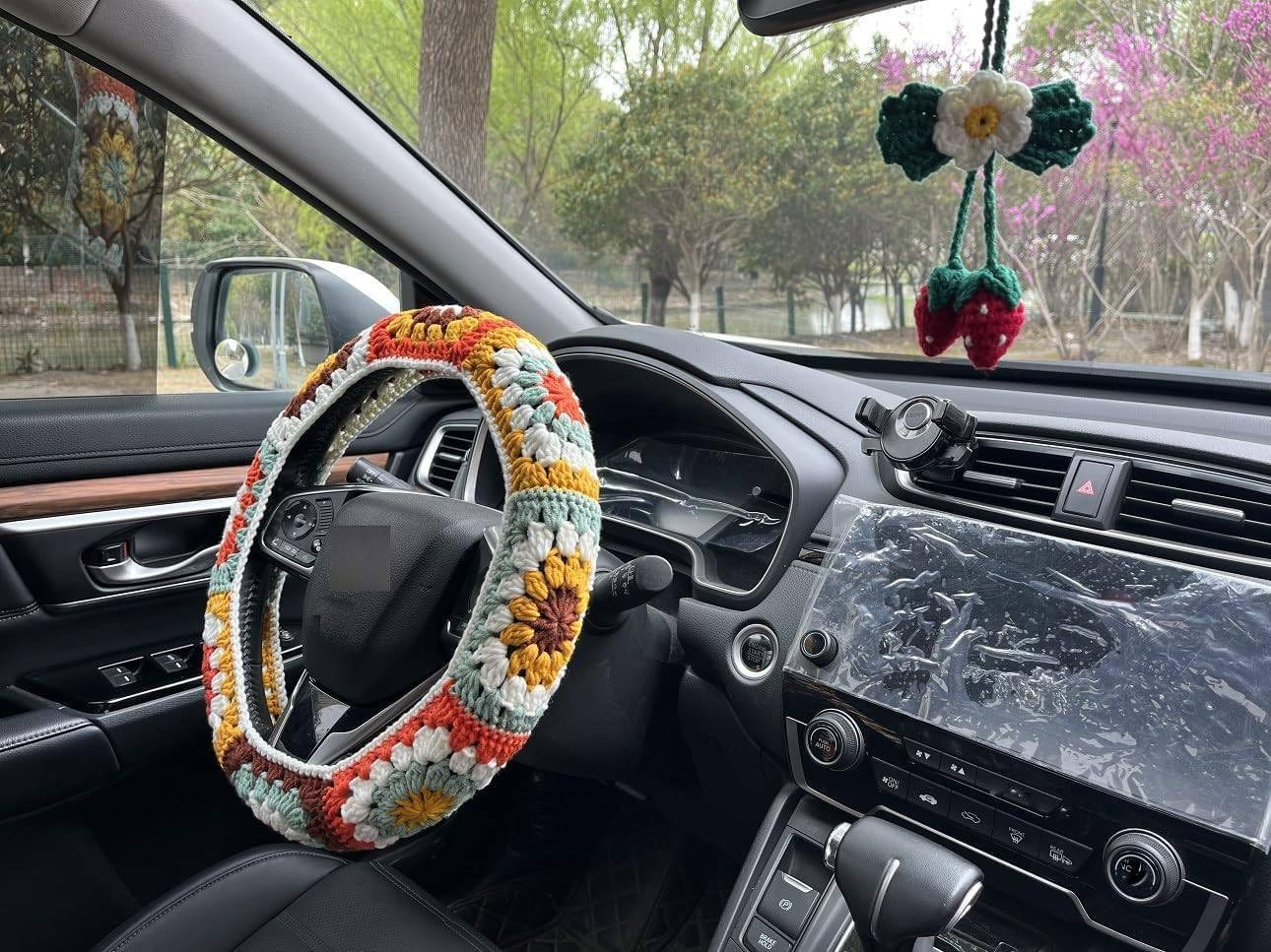 Steering Wheel Cover,Handmade Crochet Rainbow Sunflower Square Steering Wheel Covers image number 1