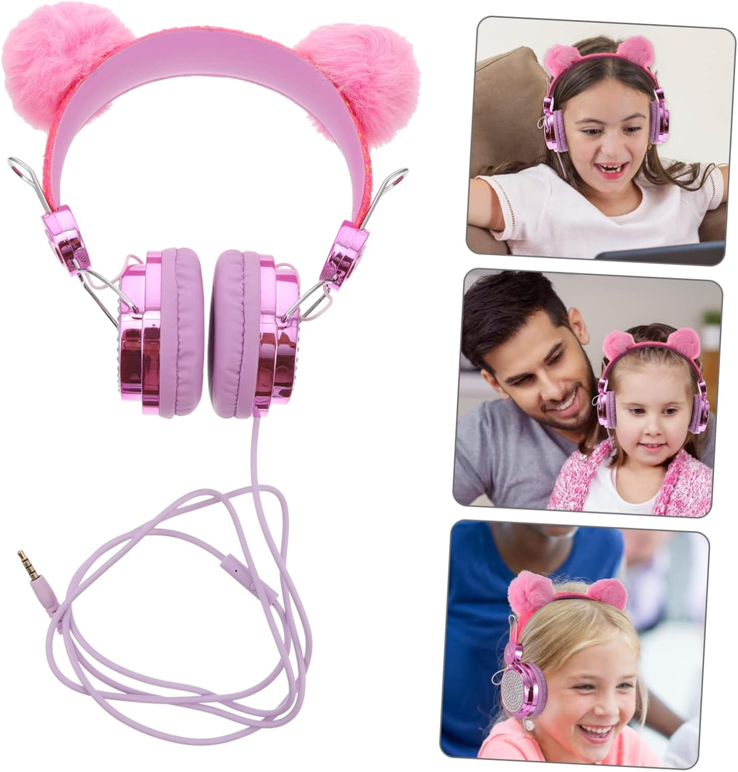 TINEASUR Children Headphones with Mic on Ear Headset for Kids Rhinestone Glitter Furry Ball Design School Travel Use Wired Headphones for Boys and Girls