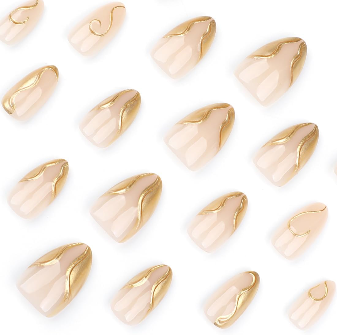24 PCS Nude Almond Press on Nails Glossy Gold False Nails Short Fake Nails Full Cover Stick on Nails Art for Women and Girls Daily Decoration image number 4