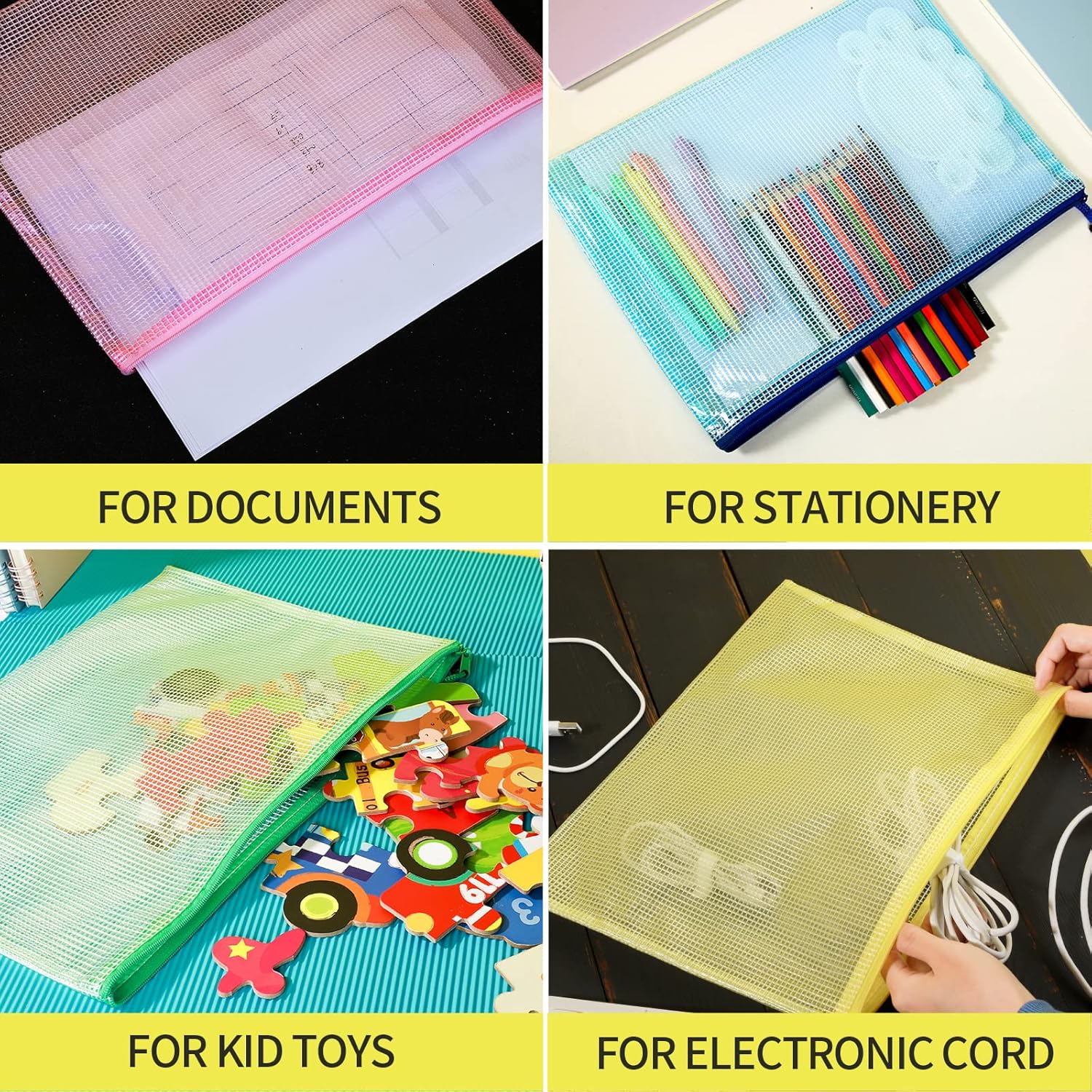 LEOBRO 4 Pack Mesh Zipper Pouch, 13.2X 9.2 A4 Letter Size Mesh Bags with Zipper, Plastic Envelopes Zip File Document Bags, Storage Bags for Organization Puzzles Travel, File Jackets & File Pockets image number 2