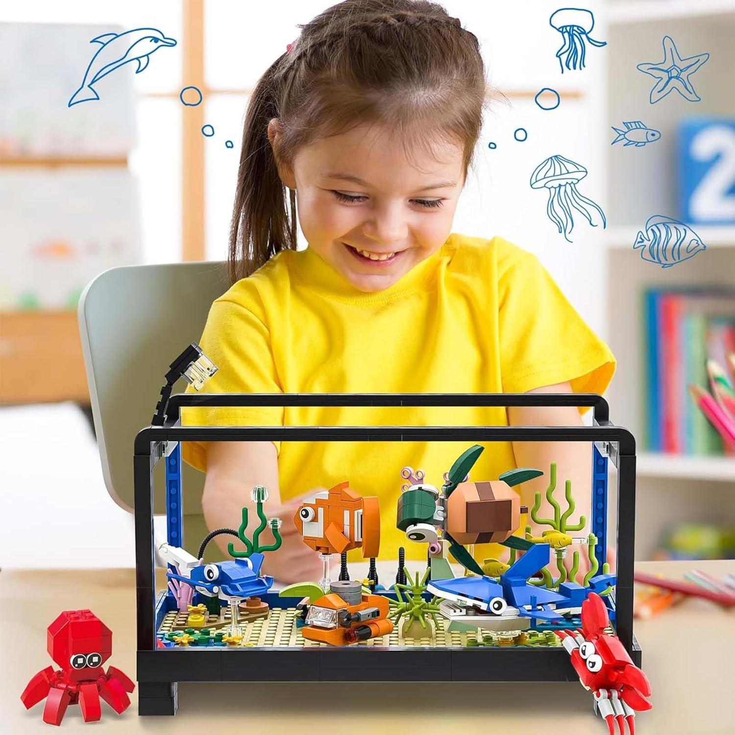 TOY PLAYER Aquarium Building Kit, 625 Pieces Peg Toy with LED Light, Compatible with Popular Aquarium Clamp Blocks, Gift for Kids and Adults Aged 6+ image number 6