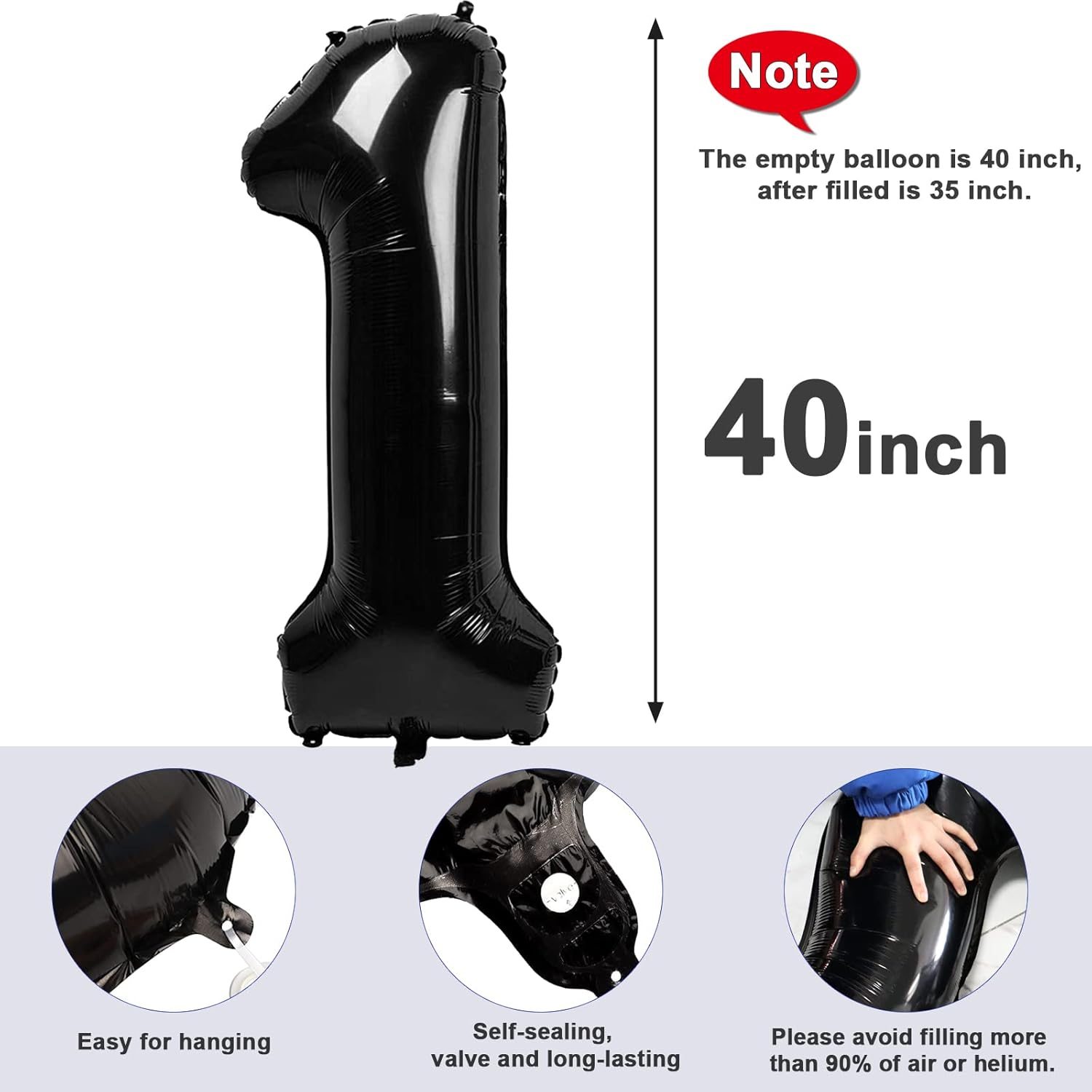 Number 1 Balloon 40 Inch Jumbo Digit Mylar Foil Black Balloons for Girl Boy 1St 1 11 21 Birthday Decorations Baby Shower Photo Shoot, Wild One Giant Balloons - Black image number 2