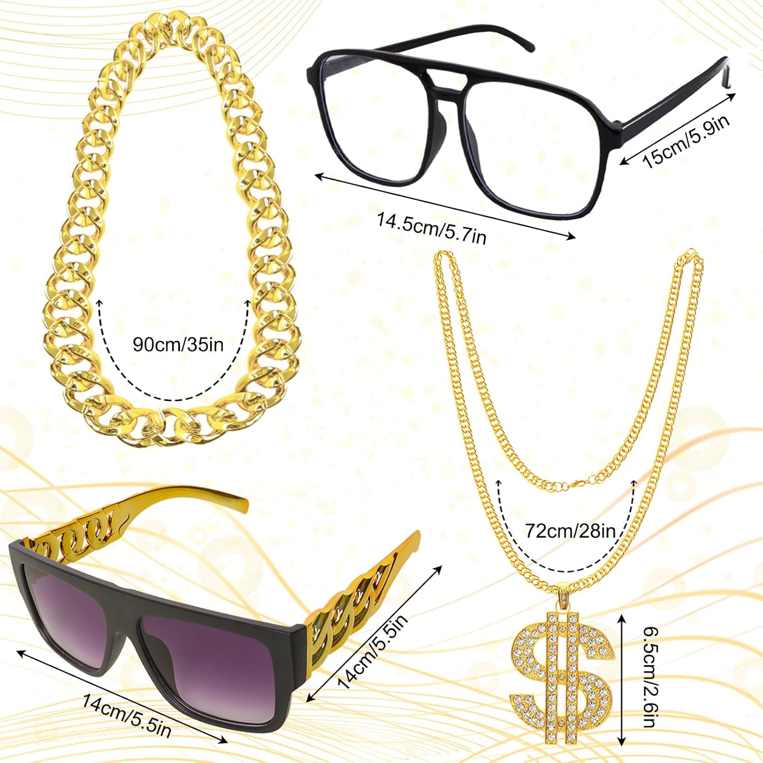80S 90S Accessories Hip Hop Costume Outfit Kit Sunglass Hat Gold Chain Money Sign Necklace Ring Rapper Accessory