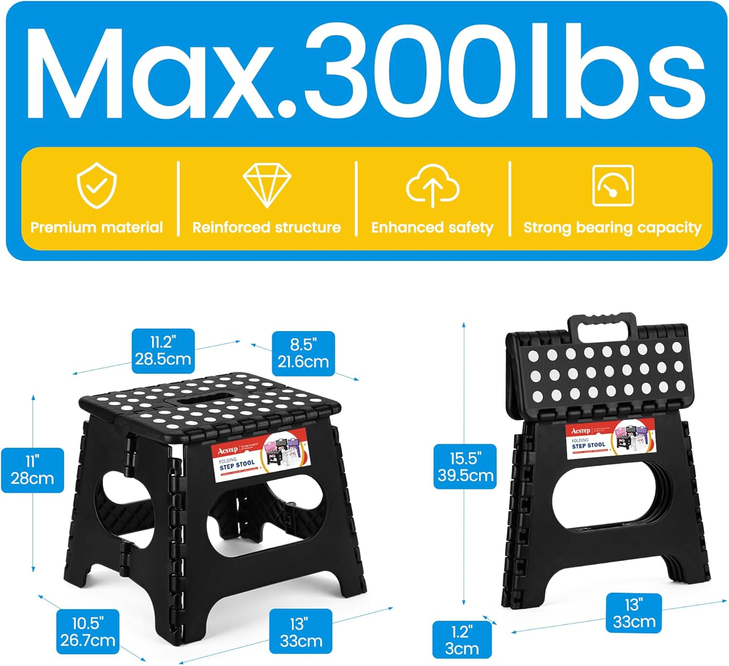 Acko 11 Inches Folding Step Stool for Kids Adults Kitchen Garden Bathroom Stepping Stool Black image number 3