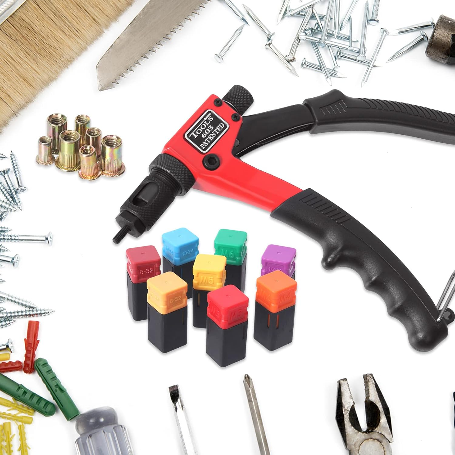 Glarks 120Pcs Rivet Nut Tool with Mandrel and Rivet Nut Kit, Threaded Insert Hand Riveter Nutsert Tool Rivet Gun with 8Pcs Metric & SAE Mandrel M3 M4 M5 M6 1/4-20 10-24 8-32 6-32 and 110Pcs Rivet Nut image number 6