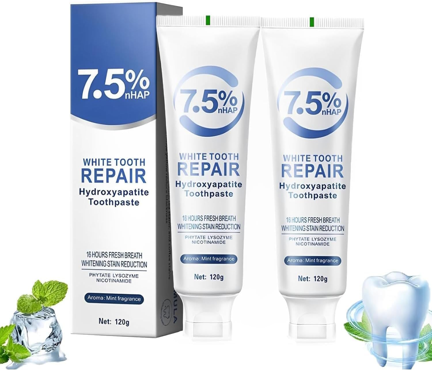 2Pcs Hydroxyapatite Toothpaste, 7.5% Nano Hydroxyapatite Toothpastes, Fluoride Free, Tooth Strengthening, Enamel Protection, Mild and Refreshing, Suitable for Sensitive Teeth, 4.23Oz, Blue image number 2