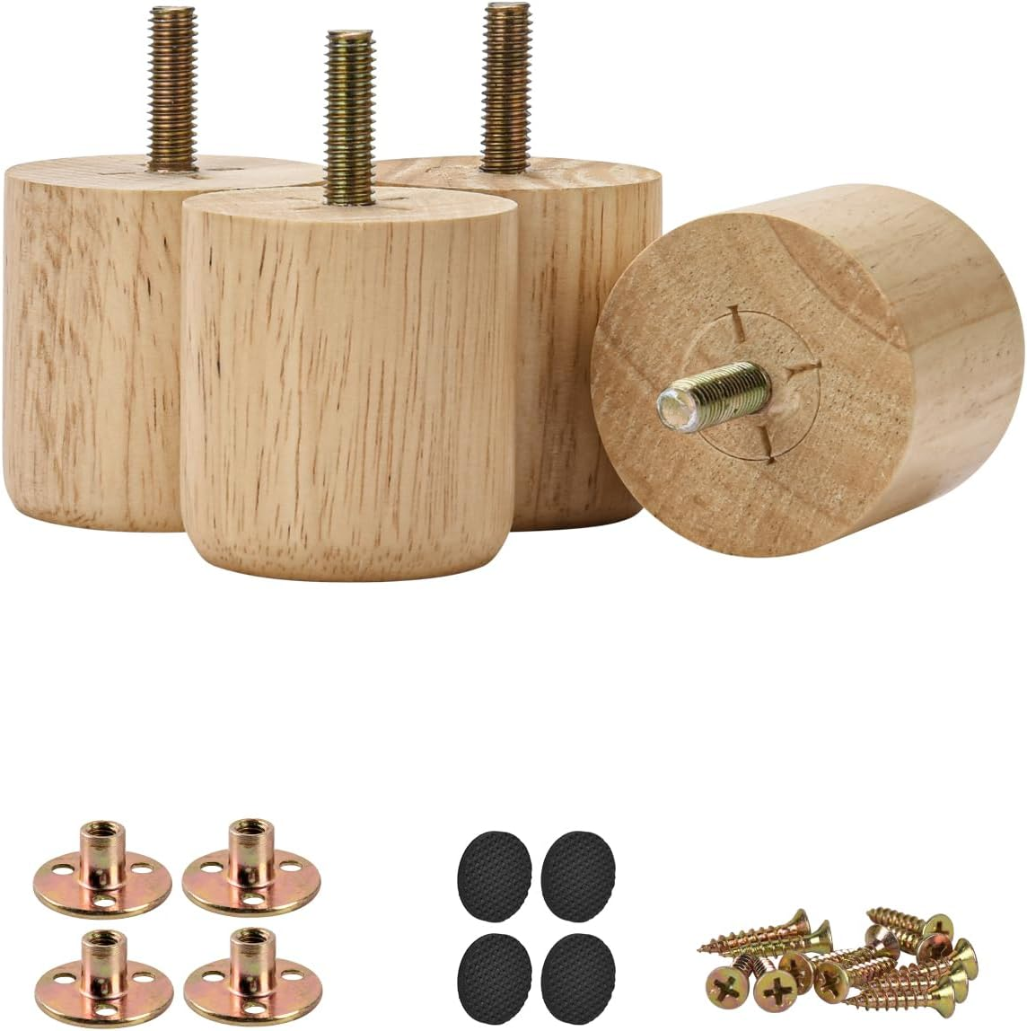 2 Inch Solid Wood Furniture Legs, Btowin 4Pcs Modern round Wooden Bun Feet with Threaded M8 Hanger Bolts & Mounting Plate & Screws for Sofa Couch Cabinet Bed image number 3