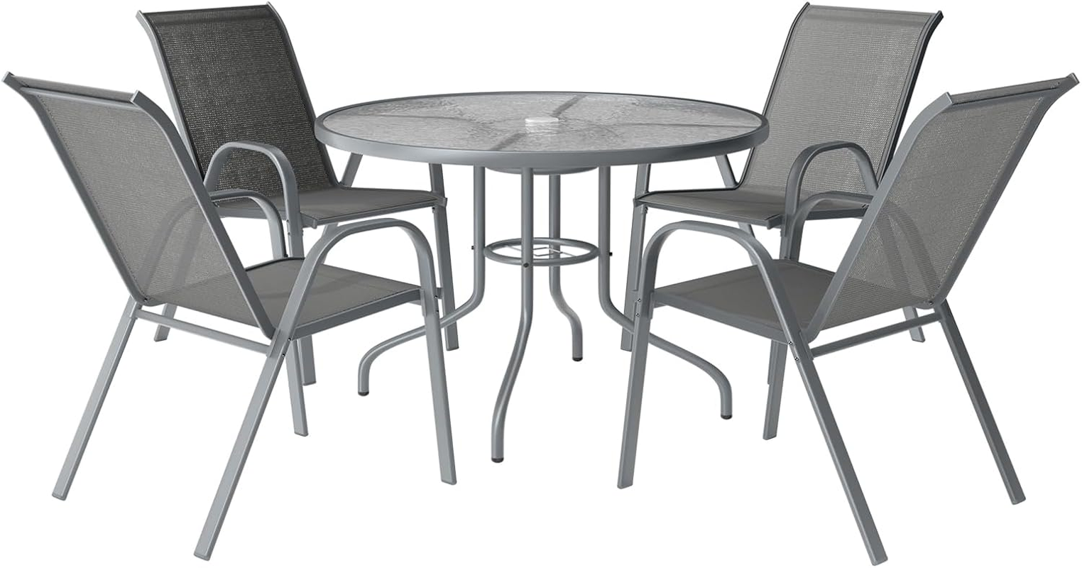 ALFORDSON Outdoor Dining Set, 5 Pcs Garden Patio Furniture with Patio Table and Chairs, All-Weather Textilene Fabric Indoor Bar Set for Patio, Garden, Lawn, Balcony and Swimming Pool Side, Grey Color