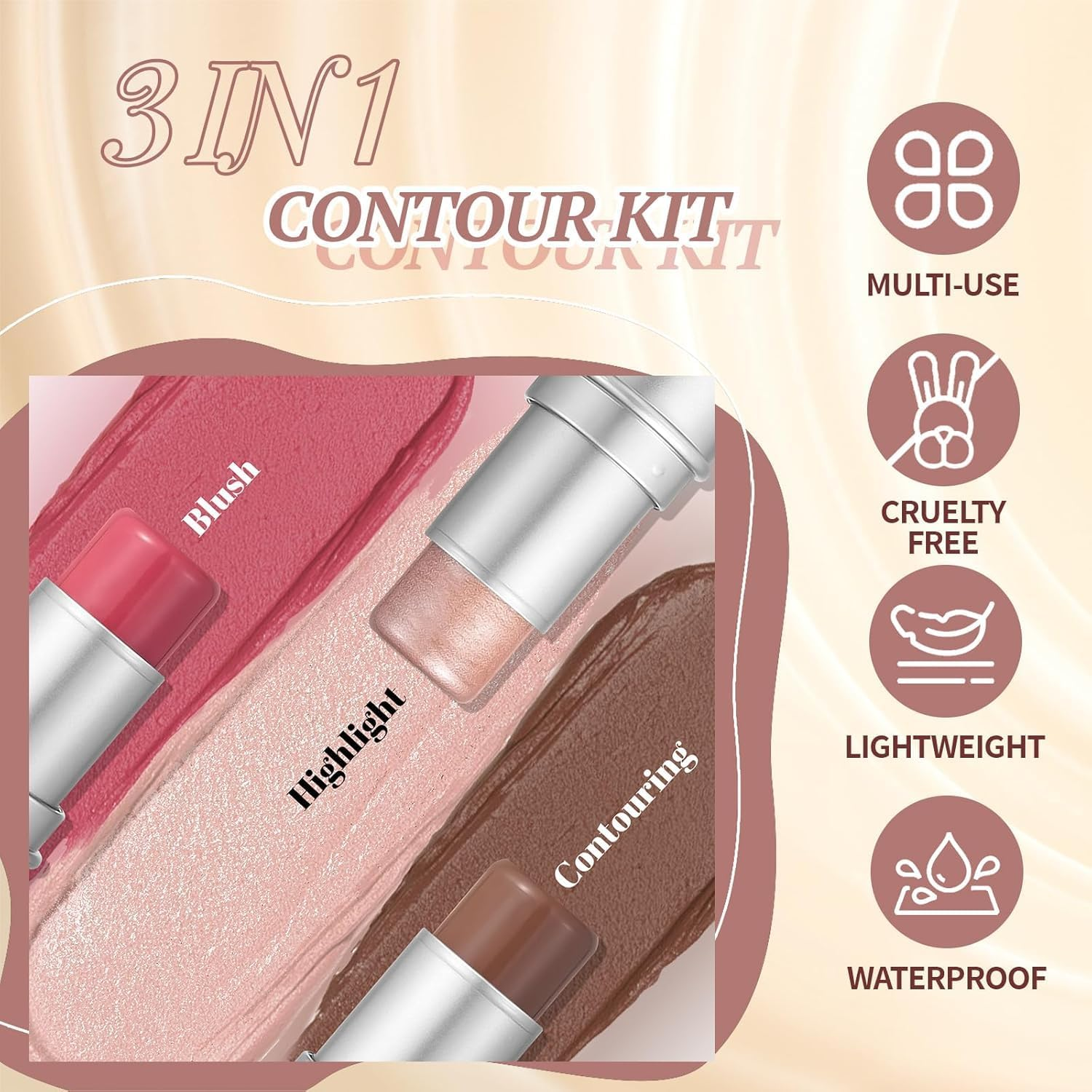 4 Pcs Cream Waterproof Blush Contour Highlighter Stick for Cheeks, Shades with Highlighter & Bronzer & Blush Makeup Stick, Easy to Sculpt the Face and Create a Lightweight Finishing Makeup image number 1