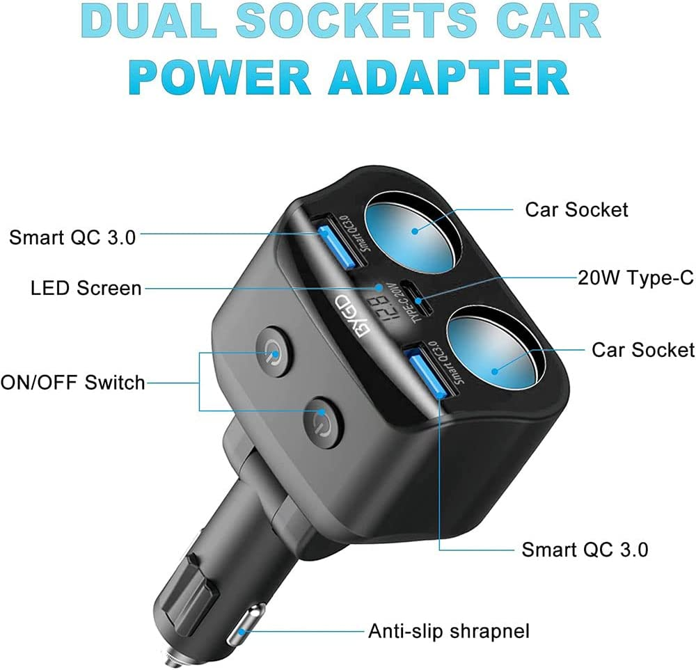 Car Cigarette Lighter Adapter, 12V/24V 2-Socket Power Cigarette Lighter Splitter with Dual USB Ports Multifunction Car Charger Adapter Independent On/Off Switches and LED Voltage Display(Black) image number 2