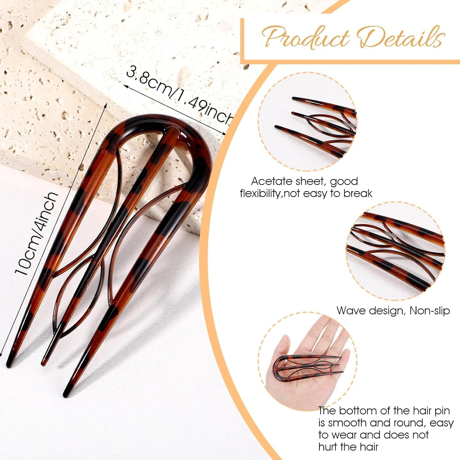 Tortoise Shell French Hair Pins,4Pcs U-Shape Hair Pins Stick Tortoise Shell Hair Pins,Tortoise Shell U Shaped Hairpin Fork,Tortoise Shell U Shaped Hair Pins,Tortoise Shell U Shape Hair Fork for Girls image number 2