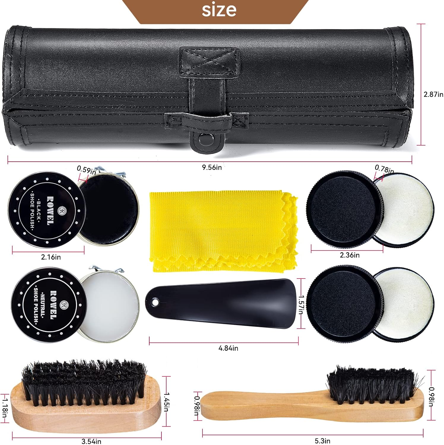 YUET Shoe Polish Kit Cleaning Shine Care Barrel Set for Brown Black Leather with Brush Travel Case Luxury Premium Soft Horsehair Bristle Dauber, Wooden Applicator, Shoehorn, Cloth 9 Piece Black Pouch image number 6