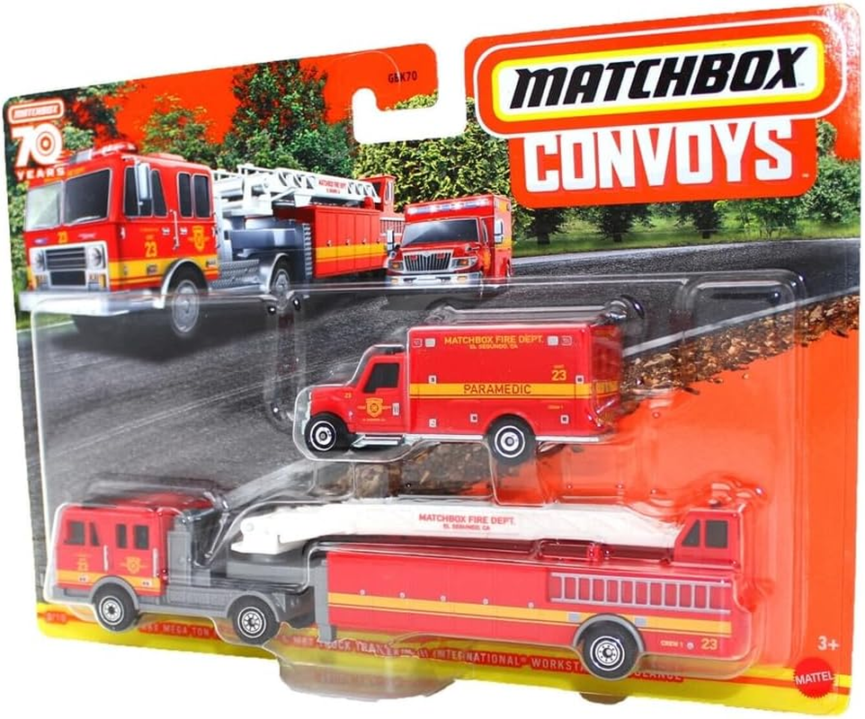 Collectible Die-Cast Matchbox Convoys Truck and Trailer Playset - MBX Mega Ton Firetruck with Trailer and International Workstar Ambulance image number 4