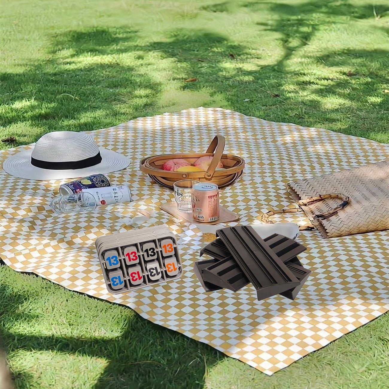 Rummy Tiles Game Set with 4 Double Tier Tile Racks Trays Rummy Cube Playing Racks in Travel Bag for Family Classic Board Games Travel Game Mini Rummy Game for Adult and Kids