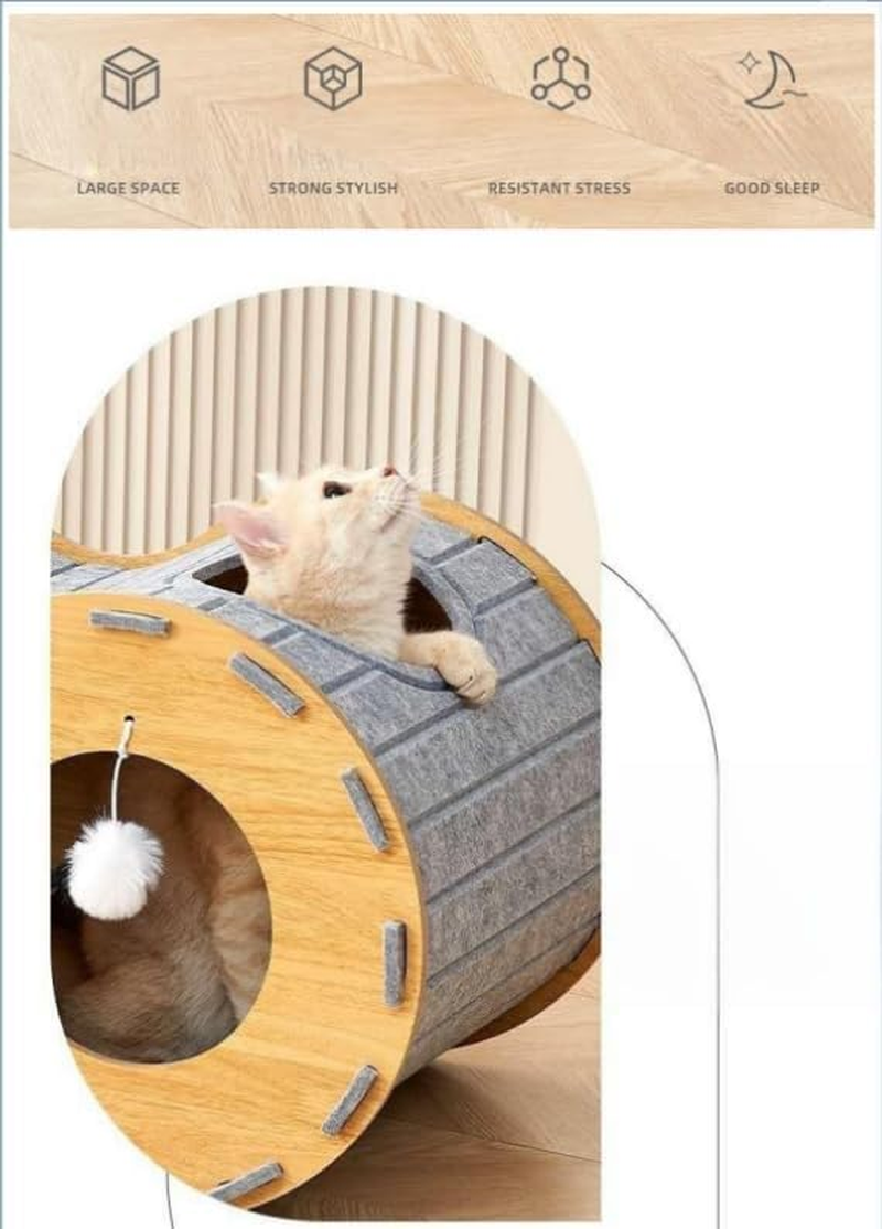 Cat Beds for Indoor Pets, 31.5" (80Cm) Extra-Large Cat Cave for Multi-Pet, Cozy House with Fluffy Ball Hanging, Scratch Resistant Felt Kitten Hideaway Bed, Feline Tunnel, Heavy Duty Wood,Grey Felt image number 5