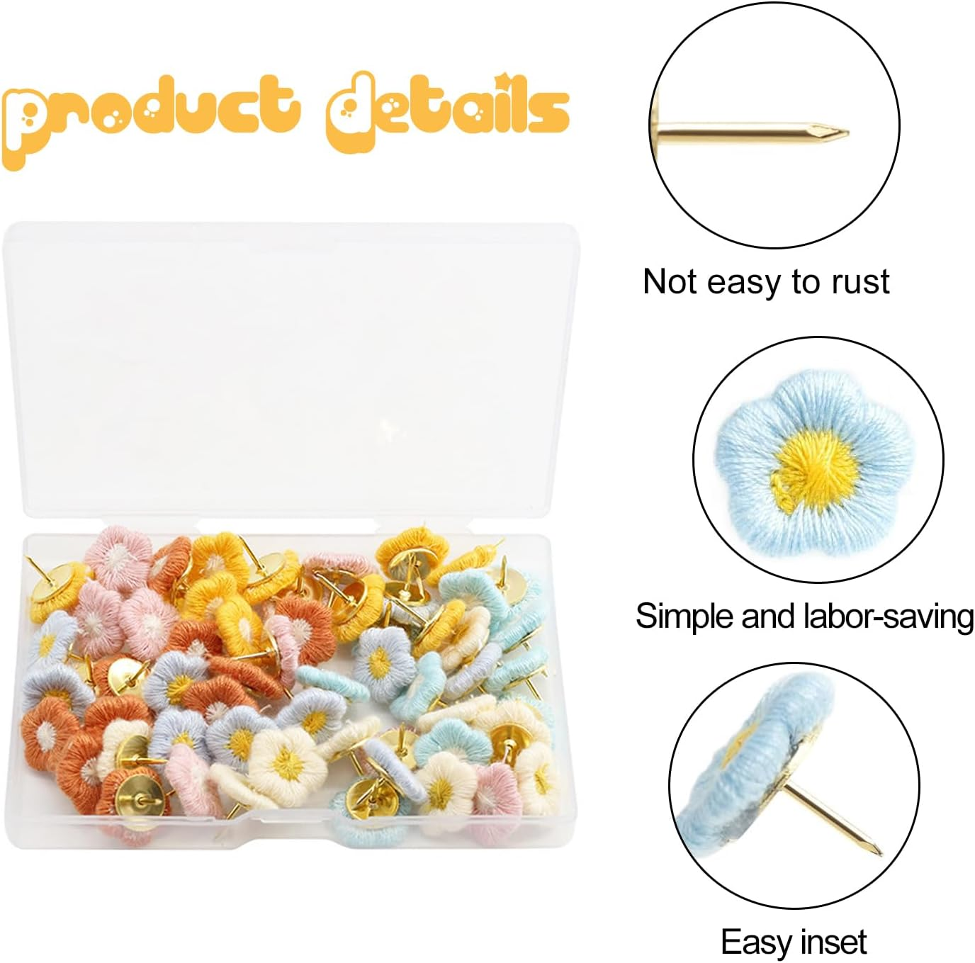 Funcyboo 30Pcs Cute Flower Push Pins, 6 Colors (White, Green, Blue, Pink, Yellow, Orange), Stainless Steel & Fabric, Decorative Office & Home Display image number 5