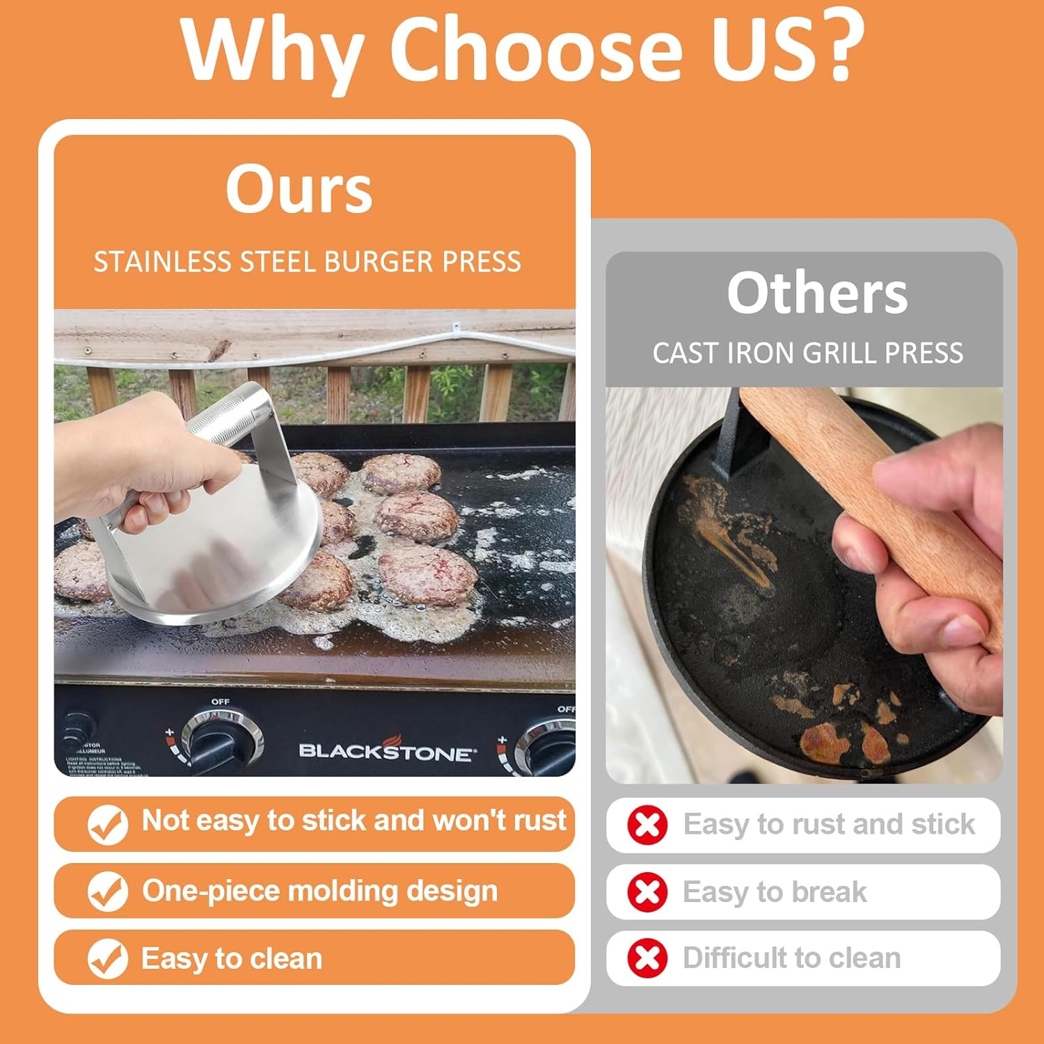 Burger Press Stainless Steel round Heavy-Duty Smash Burger Bacon Press Meat Steak with Anti-Slip Metal Handle for Blackstone, for Weber Grill, Smash Bacon Press, Patty Smasher, Hamburger Smasher Press image number 5