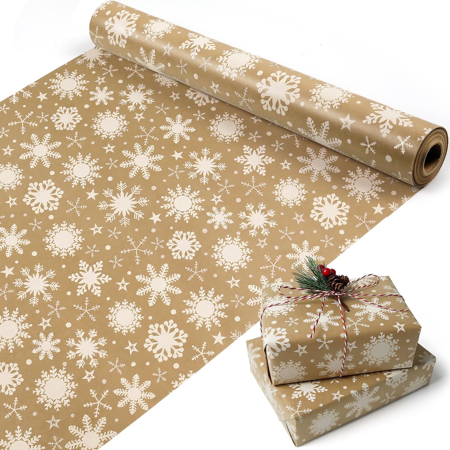 MAMUNU Christmas Wrapping Paper Roll - Vintage Brown Kraft Gift Paper with Snowflake Design - Gift Wrap for Christmas Holiday Birthday Party - Great for Girls Boys Women Men - 17Inch X 49Feet image number 4