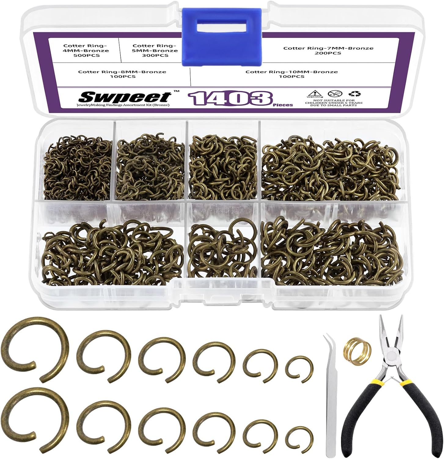 Swpeet 1403Pcs Mixed Size 4-10Mm Silver Open Jump Rings Kit with Tweezer, Jump Ring Pliers and Jump Ring Opener, round Ring Connectors for Jewelry Making Supplies and Necklace Repair