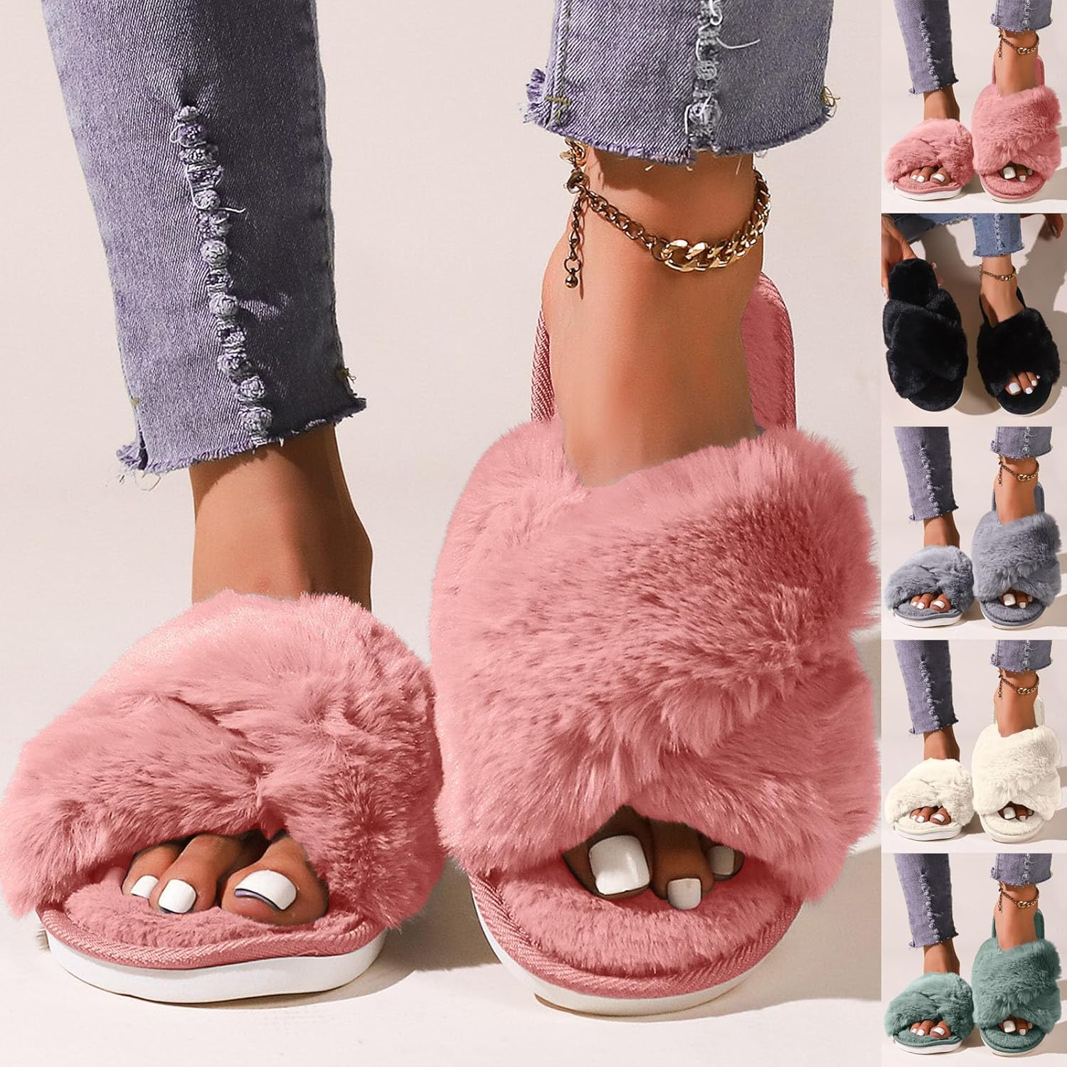 Fuzzy Fluffy Slippers for Women Cute Fur Open Toe Indoor Outdoor Slippers Soft Cozy Warm House Shoes Comfy Bedroom Slippers Adult image number 2