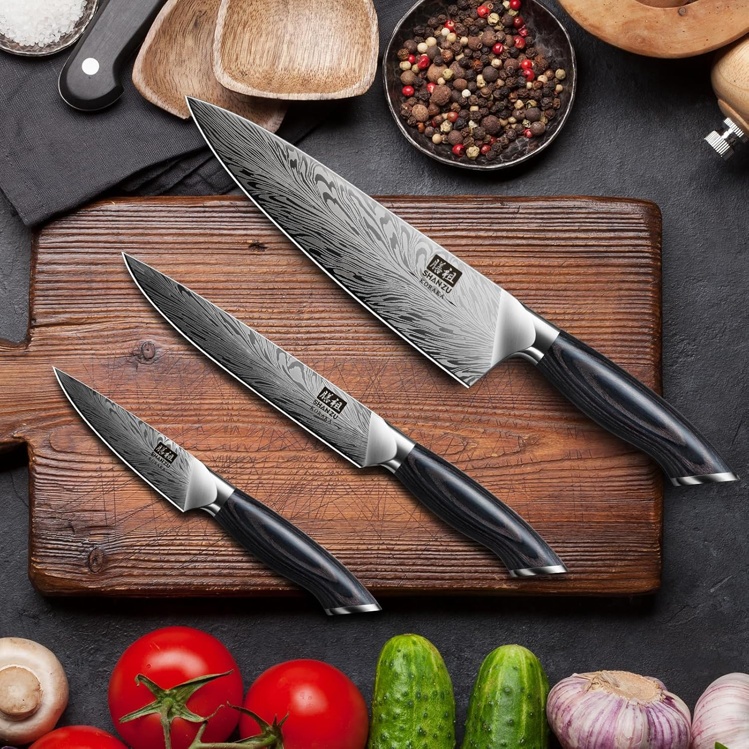 SHAN ZU 3PCS Kitchen Knife Set,Chef Knife Sets in Powder Steel, Ultra Sharp Japanese Knives Set High Carbon Steel Knives Sets with Ergonomic Pakkawood Handle image number 3