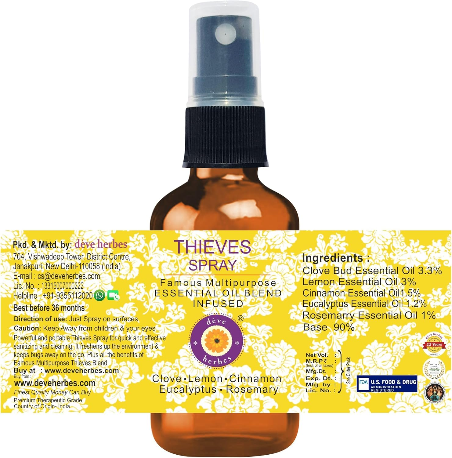 Deve Herbes Thieves Multipurpose Essential Oil Blend Infused Spray for Aromatherapy and Topical Skin Application for Kids and Adults 30Ml (1 Oz) image number 1