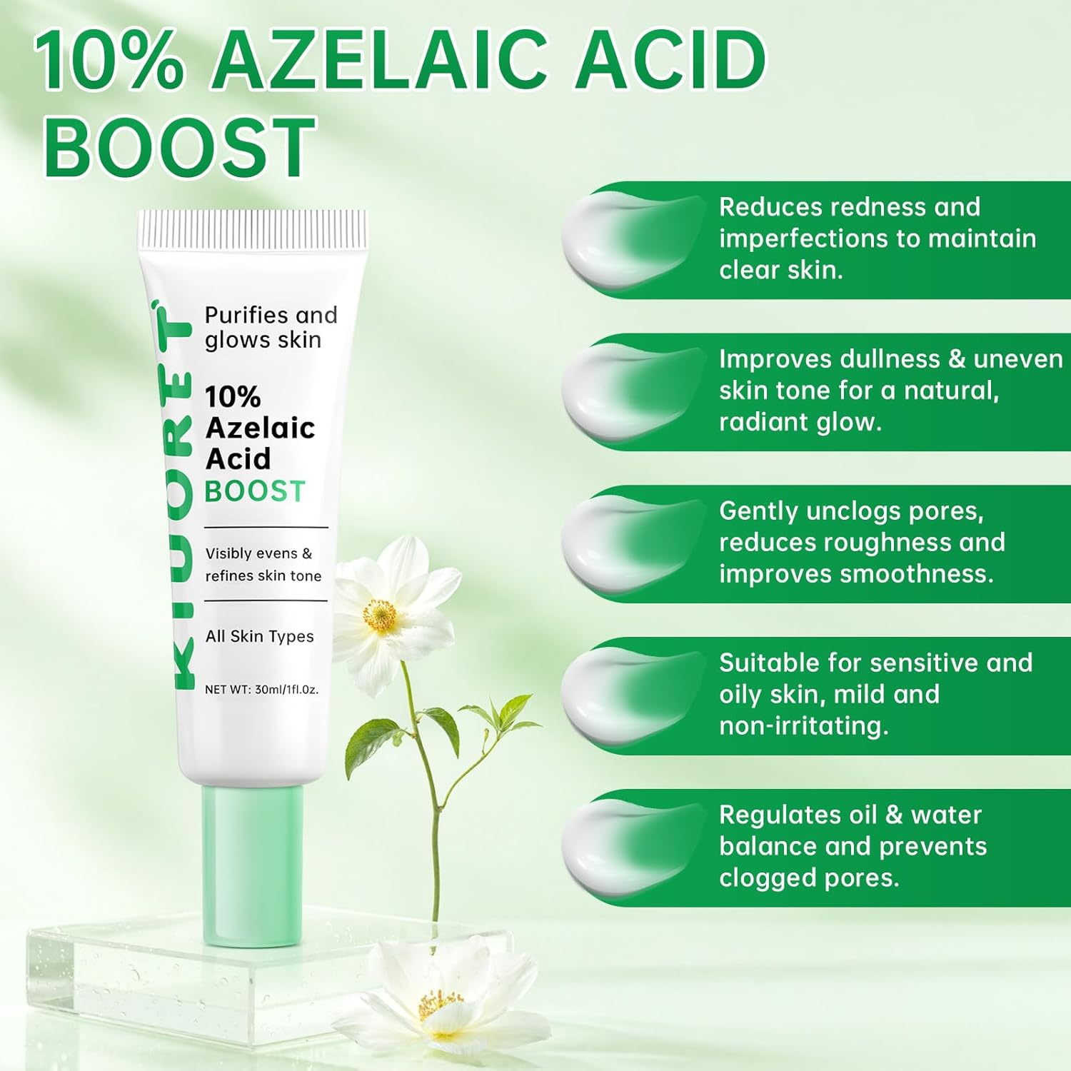 Azelaic Acid Boost Cream, 10% Azelaic Acid Booster Cream Gel for for Acne and Blemishes with Salicylic Acid, Balances Excess Sebum, Purifies Skin & Improves Skin Tone for All Skin Types, 30Ml image number 2