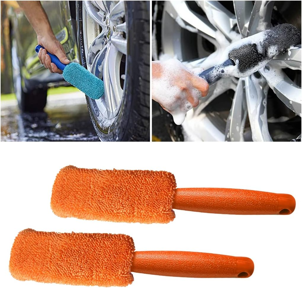 AICEL 2 Pcs Wheel Brush, Soft Microfiber Metal Free Rim and Wheel Brushes Kit, Easy Reach Tire Detailing Washing Tool, Professional Grade Scratch Free Wheel Cleaning Set for Cars, Motorcycles (Orange) image number 3
