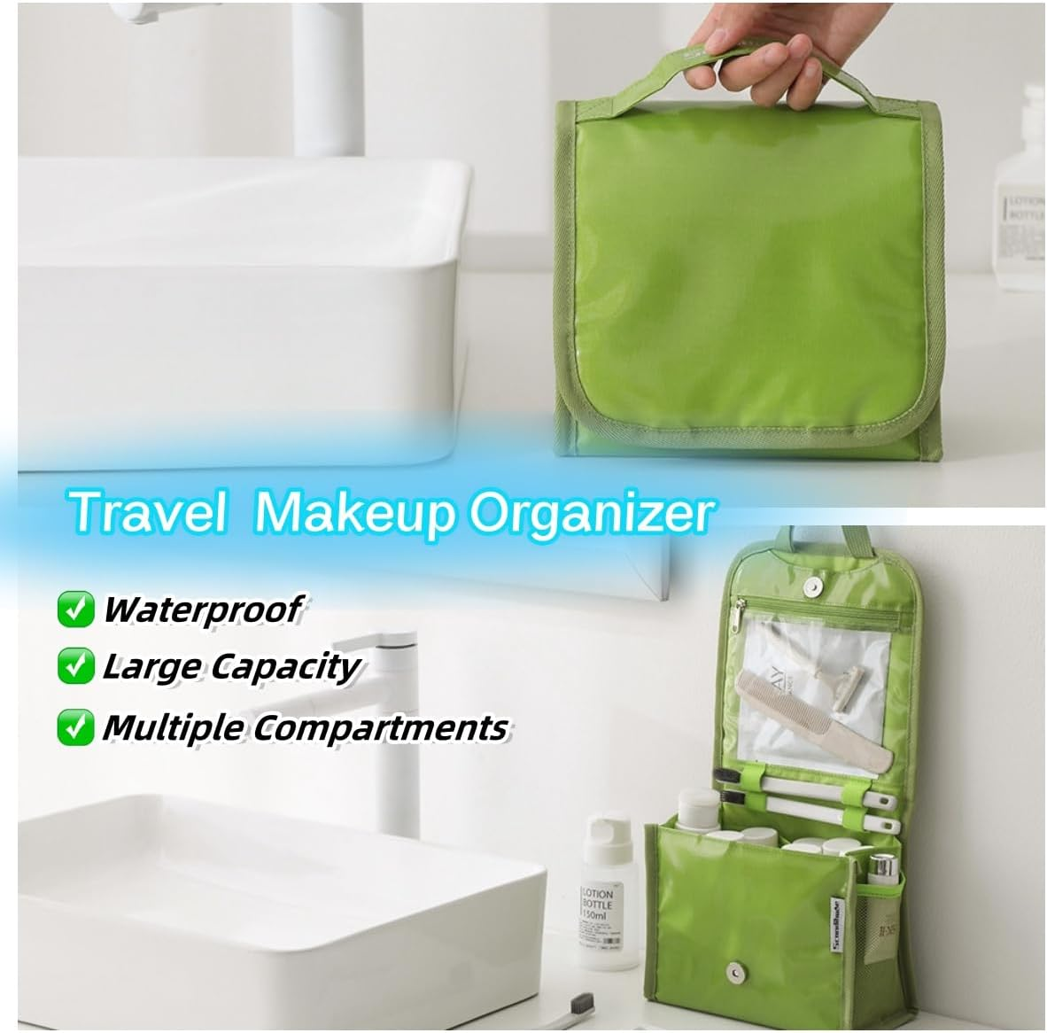 NQQNQQ Hanging Toiletry Bag for Men & Women, Waterproof Travel Makeup Organizer, Large Capacity with Multiple Compartments, Shaving & Full-Sized Toiletries Storage Bag. SO-T (Green) - Green image number 6
