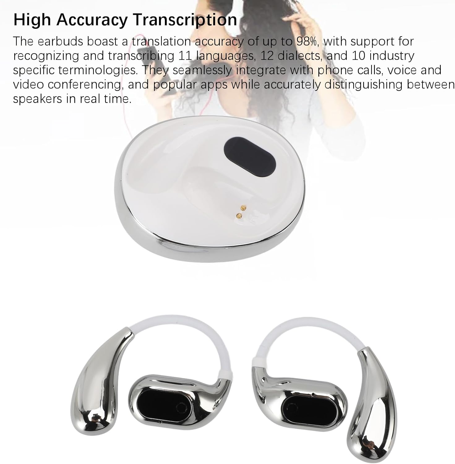 Jectse 5.4 Translation Earphones Real Time 144 Languages Noise Reduction AI Translator Earbuds, Language Translator Earpieces for Business, Live Meetings, 14 System Languages (White) image number 3
