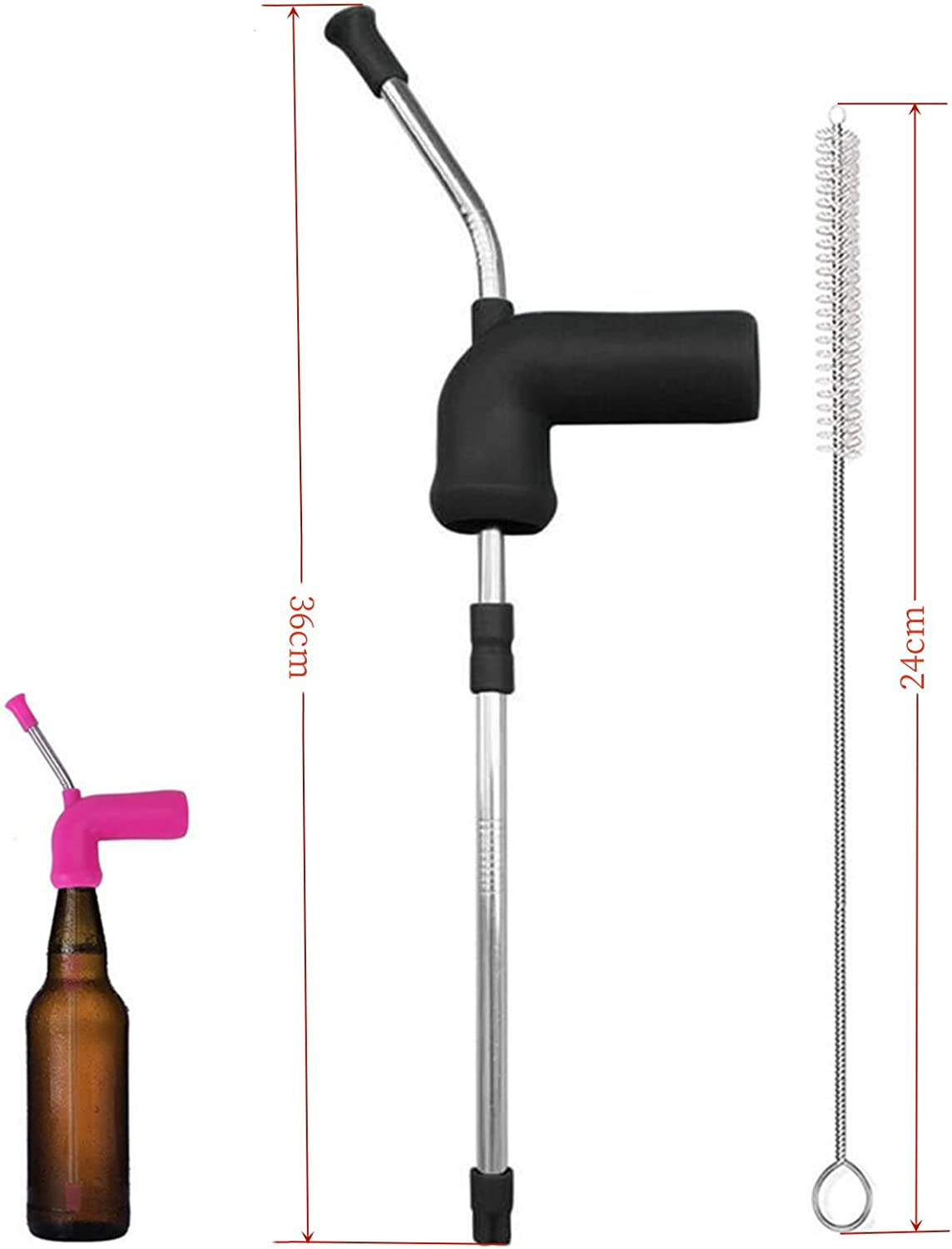 2 Pcs Beer Funnel Snorkel Drinking Straw,Beer Snorkel,Beer Bong Funnel Double Snorkel Drinking Beer Bar Tools Festivals Party Dispenser with Cleaning Brush(Pink & Black) image number 5
