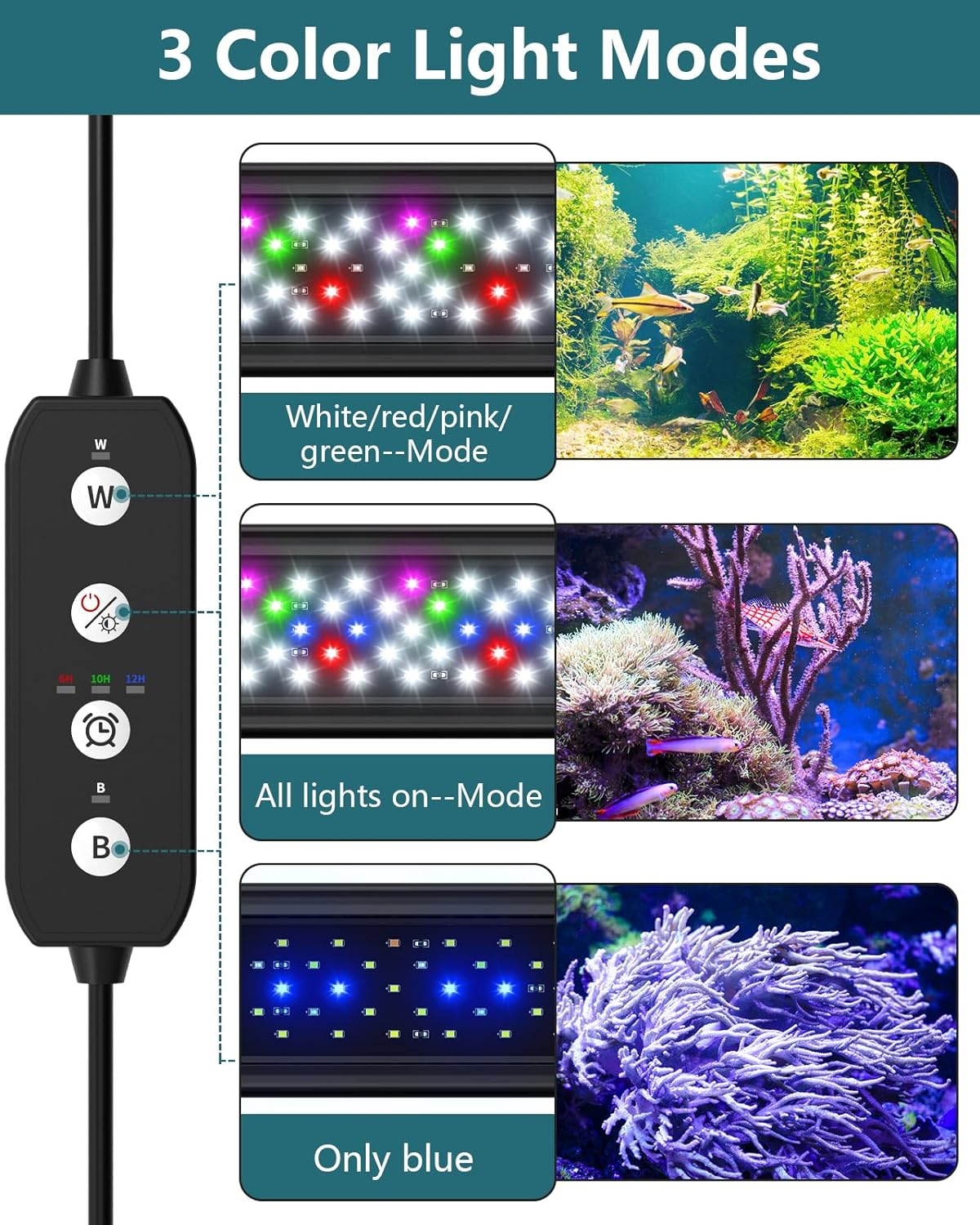 SEAOURA Led Aquarium Light for Plants-Full Spectrum Fish Tank Light with Timer Auto On/Off, Adjustable Brightness, White Blue Red Green Pink Leds with Extendable Brackets for Freshwater (46-60Cm) image number 2