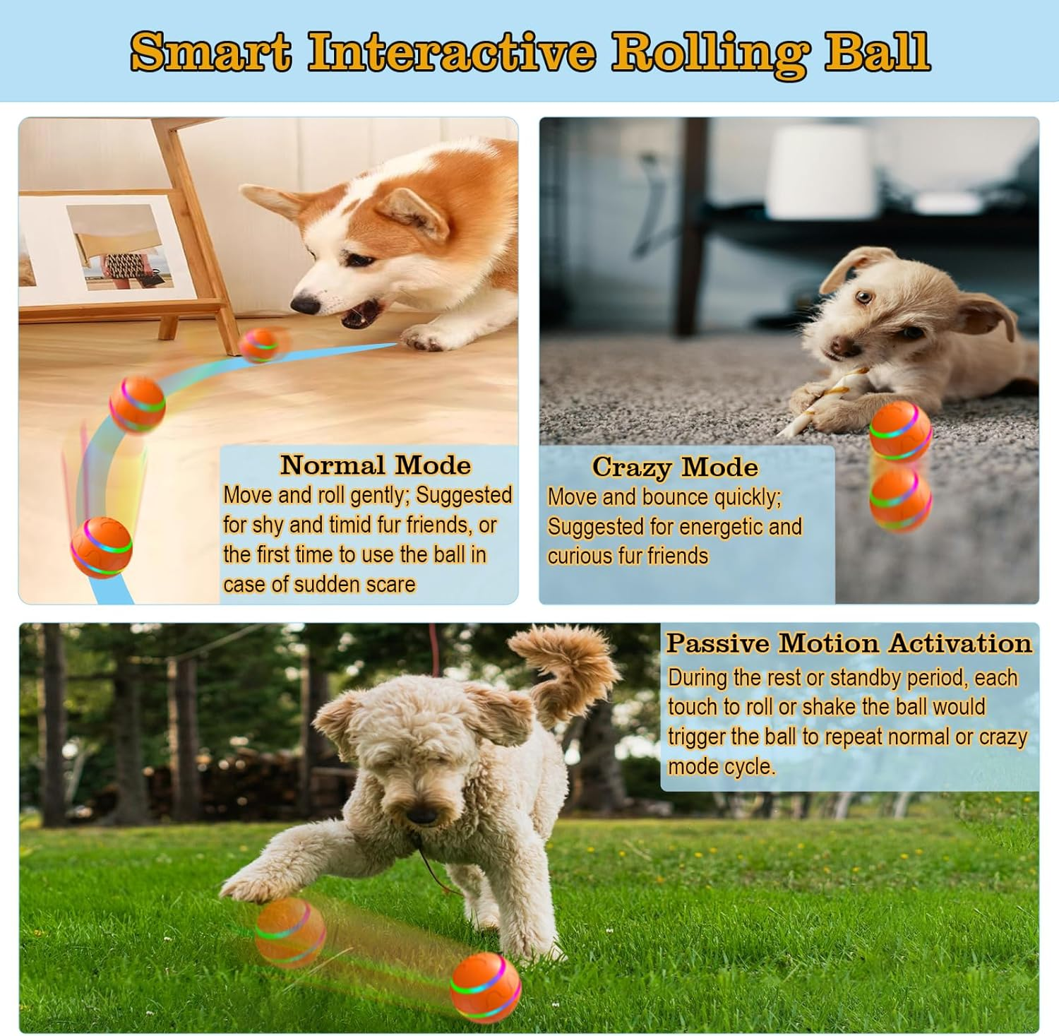 SZMDLX Dog Ball Toys, Interactive Automatic Rolling Ball with 2 Modes, USB Rechargeable, Moving Bouncing Ball for Dogs Cats Pets image number 2