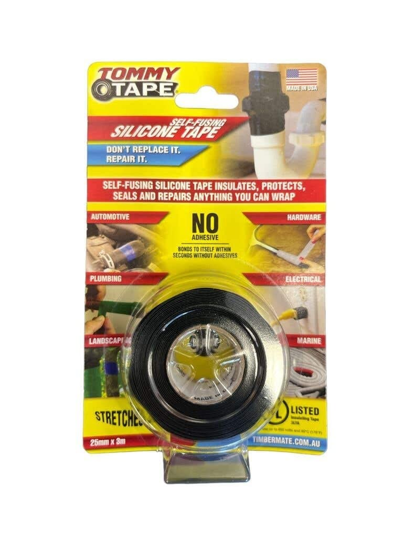 Tommy Tape Self-Fusing Silicone Tape, 3 Meter Length X 25 Mm Width, Black