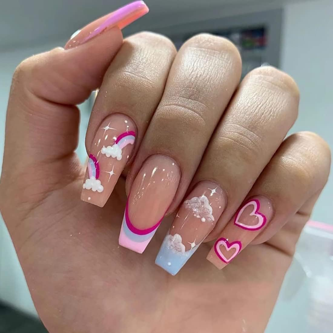 Pink Coffin Press on Nails 24 PCS Heart False Nails Glossy Long Fake Nails with Rainbow and Cloud Design Full Cover Art Tips for Women & Girls image number 5