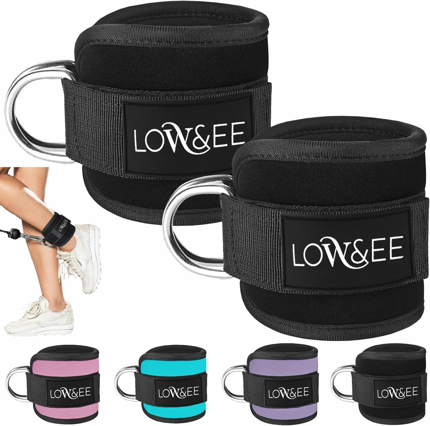 LOW&EE&reg; 2 Pack Ankle Pulleys Gym - Ankle Brace for Pulley Padded with Velcro for Women and Men - Gym Ankle Strap for Cable Machine Fitness and Gym - Gym