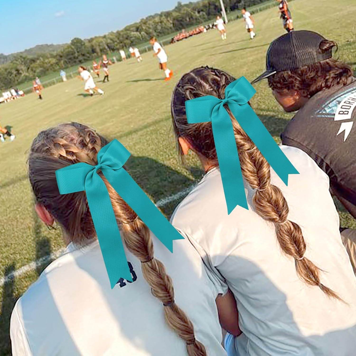 CEELGON 20 PCS College Style Cheer Bows Collegiate Long Tail Skinny Bow Elastic Hair Tie for Teens Girls Softball Competition Sports Cheerleaders (Teal) - Light Blue image number 7