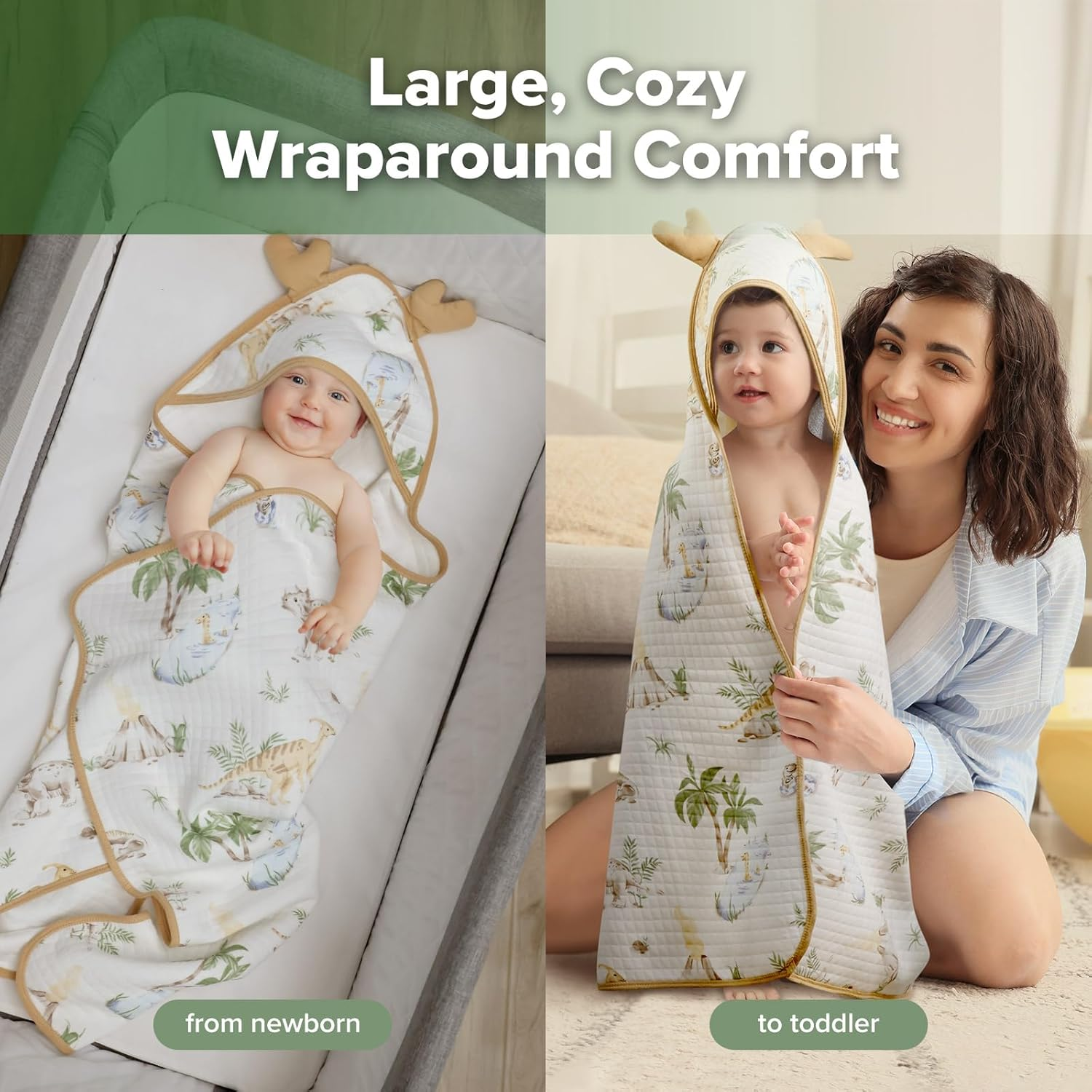 Haakaa Baby Bath Towels, Ultra-Soft & Super Absorbent Cotton Hooded Towels, 35"X35" Large Wraparound Design, Adorable for Newborns & Toddlers, Jurassic Hug