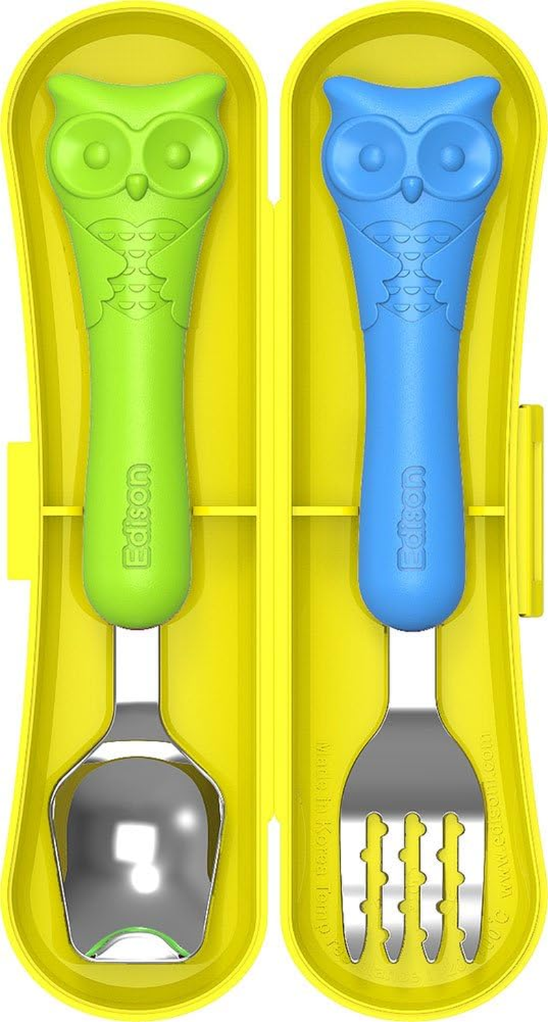 Edison Baby Flat Edge Spoon & Grooved Fork Set with Case (Baby, Owl Green/Blue Set) image number 5