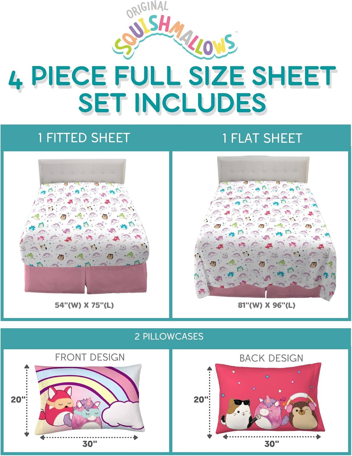 Franco Jazwares Squishmallows Bedding Super Soft Microfiber Sheet Set, Full, By image number 5
