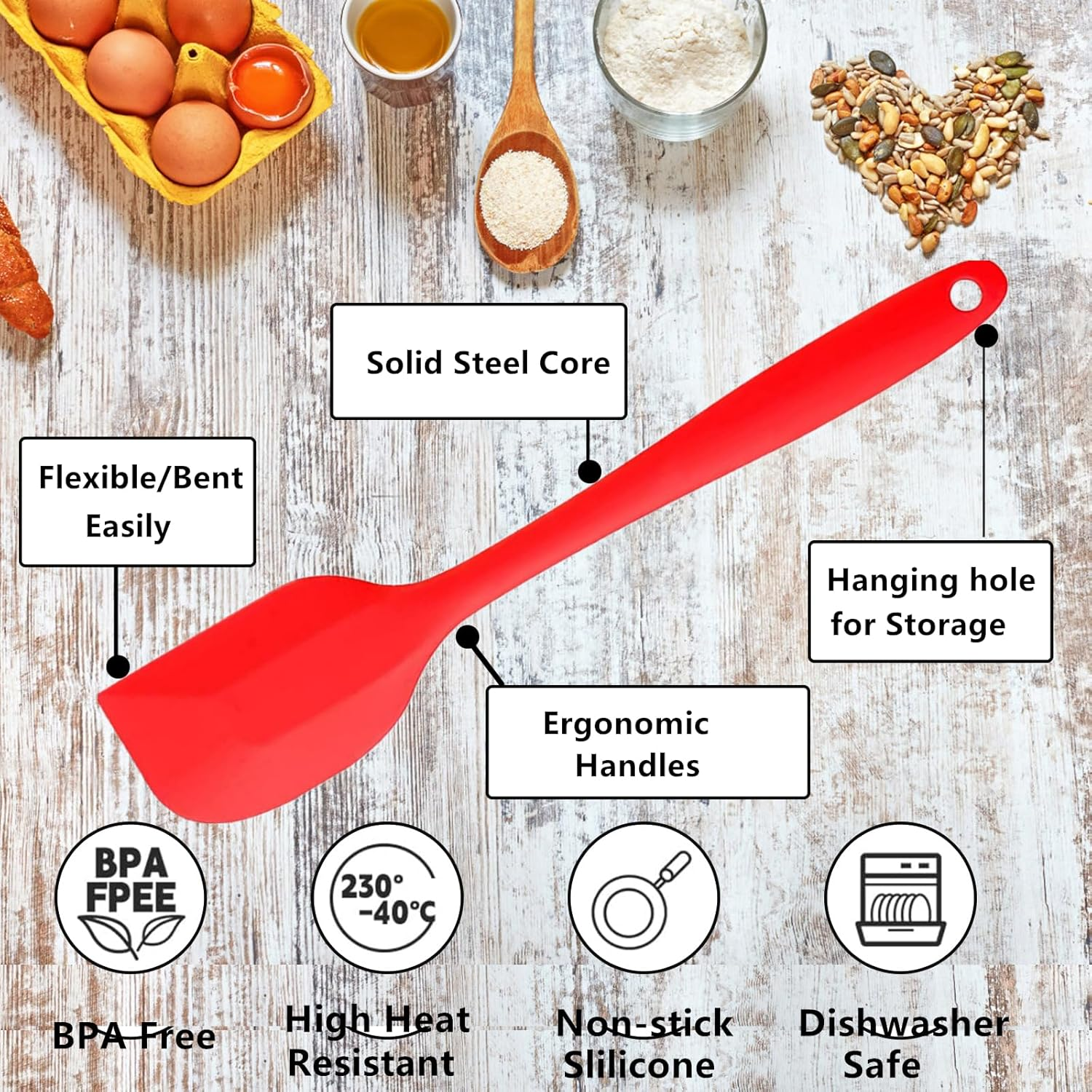 NASHRIO 2 Pcs Heat Resistant Spatulas, Red Food Grade Silicone Rubber Spatula Set for Baking, Cooking, and Mixing High Heat Resistant image number 3