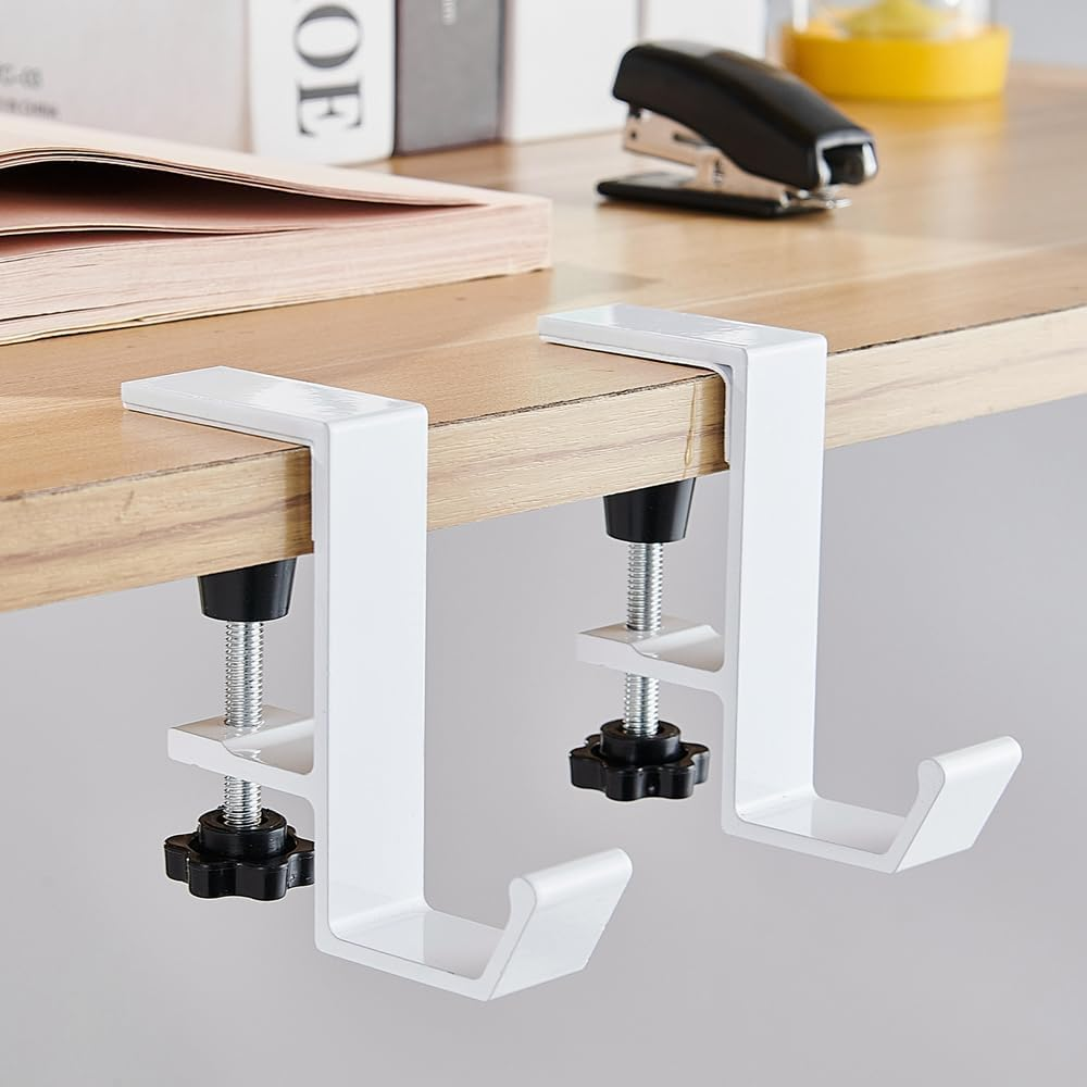Desk Mount Bag Holder Hook Clamp, 2Pcs Clamp-On under Desk Backpack Hanger, Desk Mount Bag Holder Hook Clamp on Backpack Hanger with Adjustable Arm Clamp, Reduce Desktop Clutter,Double Hanger, White