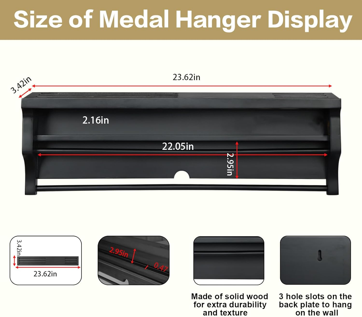 Solid Wood Medal Hanger Display, Wall - Mounted Holder for Sports Achievements Gymnastics, Soccer with Bib Board for Marathon Keepsakes image number 5